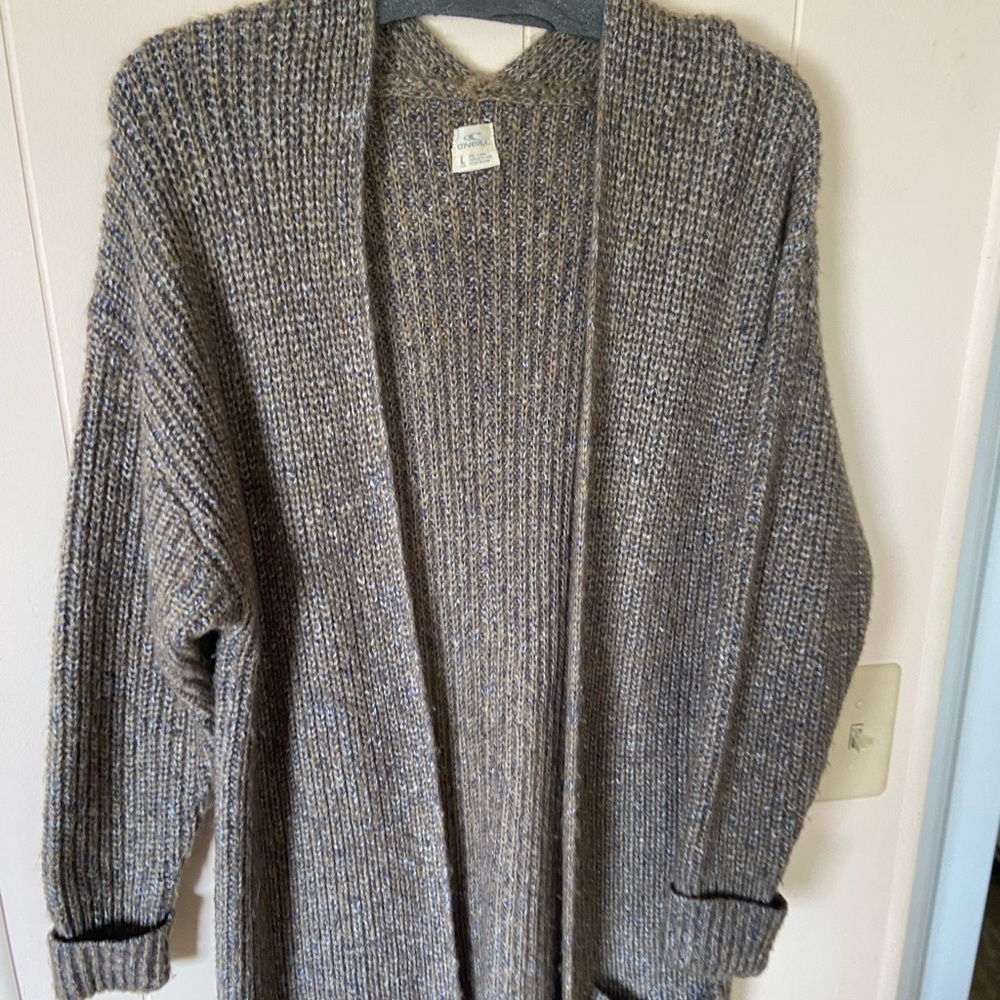 O'Neill Tan and Blue Cardigan Sweater with Ribbed Knit